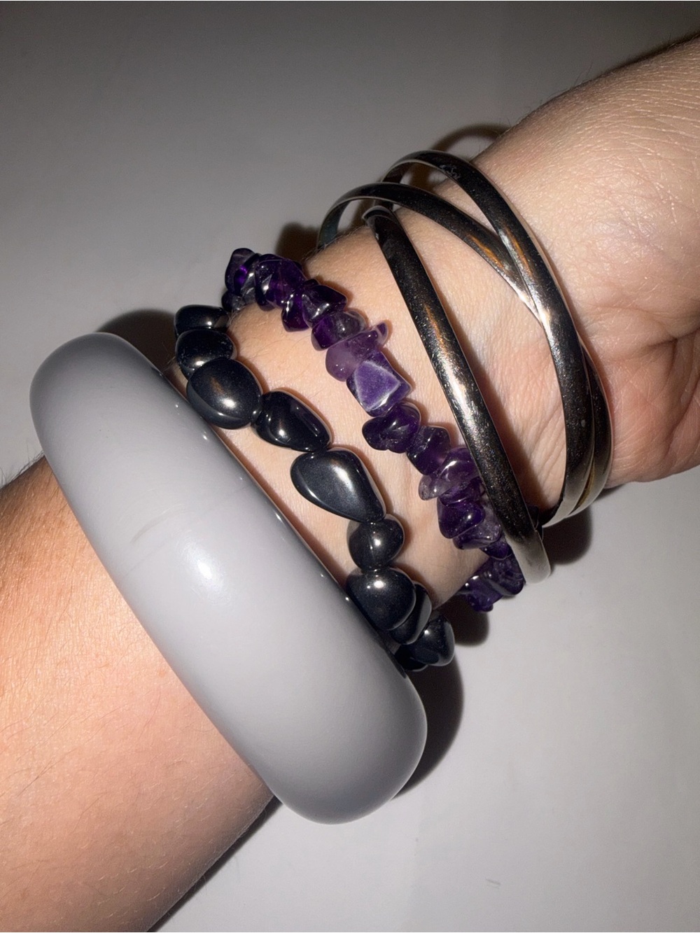 Y2K Bracelet Stack Amethyst Hematite Gray Bangle Silver Tone Set of 4